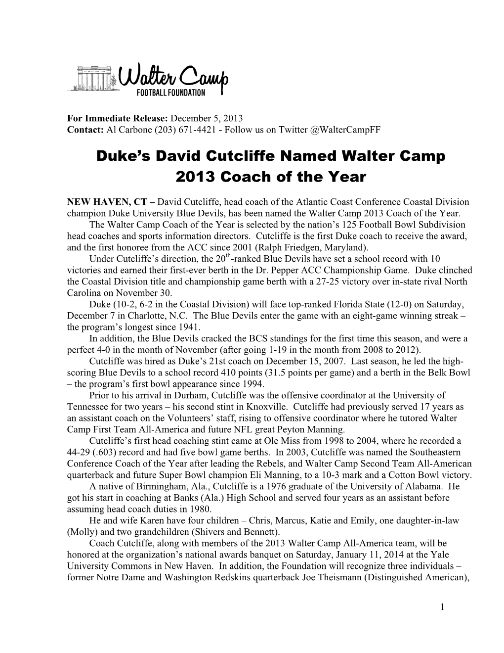 David Cutcliffe Named Walter Camp 2013 Coach of the Year