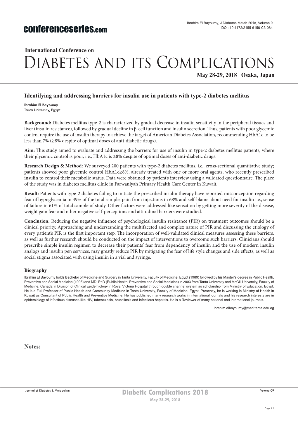 Diabetes and Its Complications May 28-29, 2018 Osaka, Japan