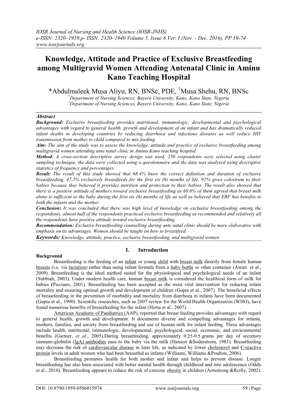 Knowledge, Attitude and Practice of Exclusive Breastfeeding Among Multigravid Women Attending Antenatal Clinic in Aminu Kano Teaching Hospital