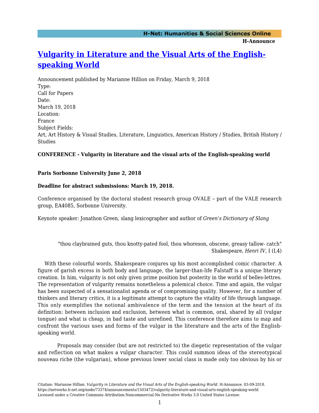 Vulgarity in Literature and the Visual Arts of the English- Speaking World