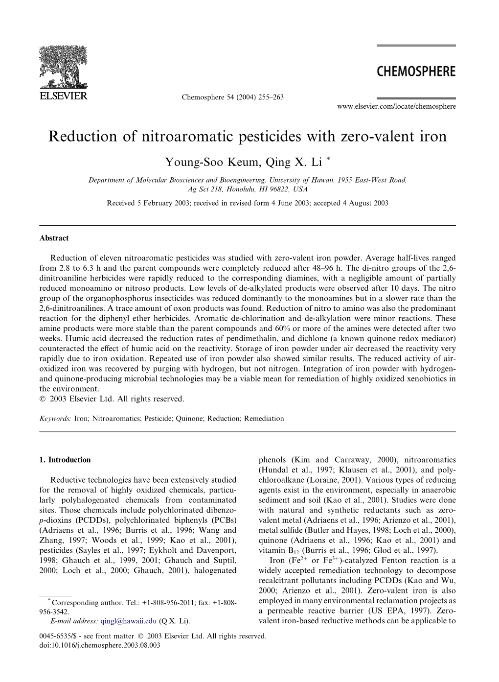 Reduction of Nitroaromatic Pesticides with Zero-Valent Iron