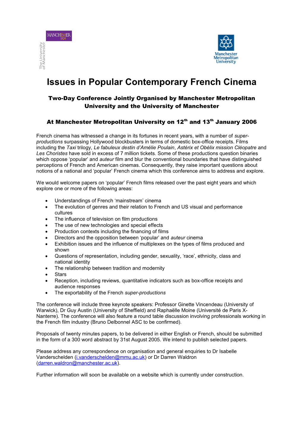 Issues in Popular Contemporary French Cinema