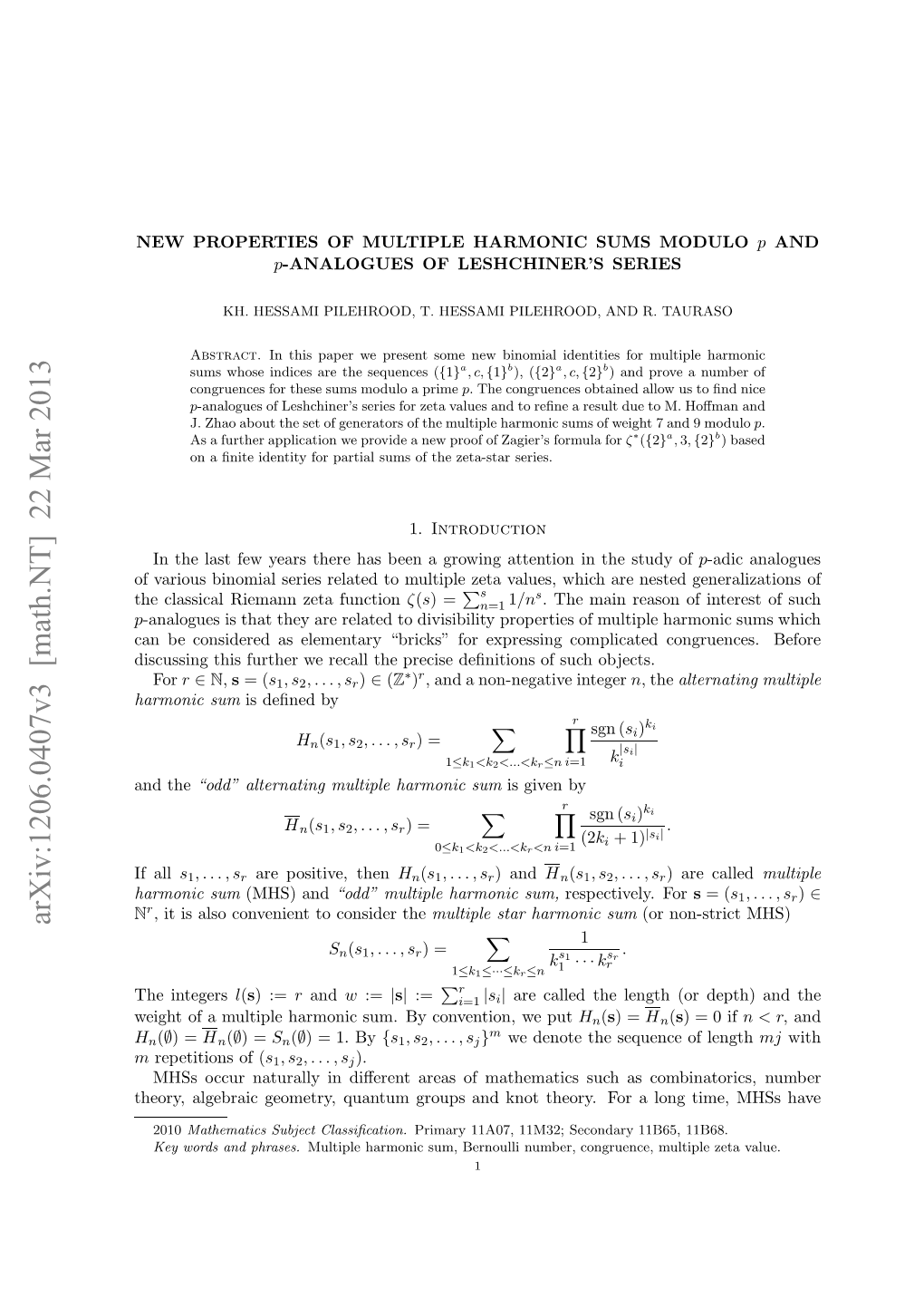 Arxiv:1206.0407V3 [Math.NT] 22 Mar 2013 N Egto Utpehroi U.B Ovnin Eput We Convention, by Sum