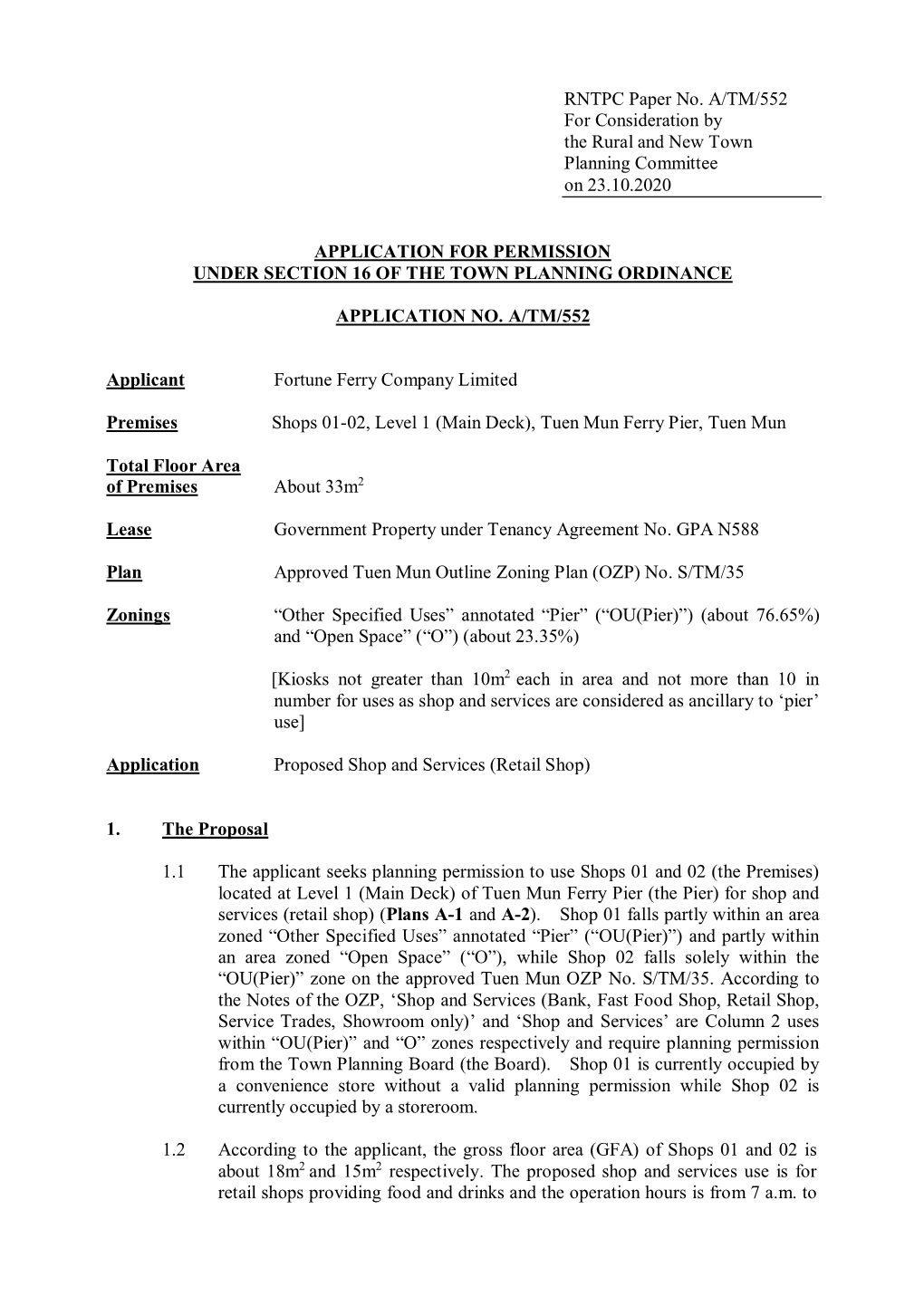 RNTPC Paper No. A/TM/552 for Consideration by the Rural and New Town Planning Committee on 23.10.2020