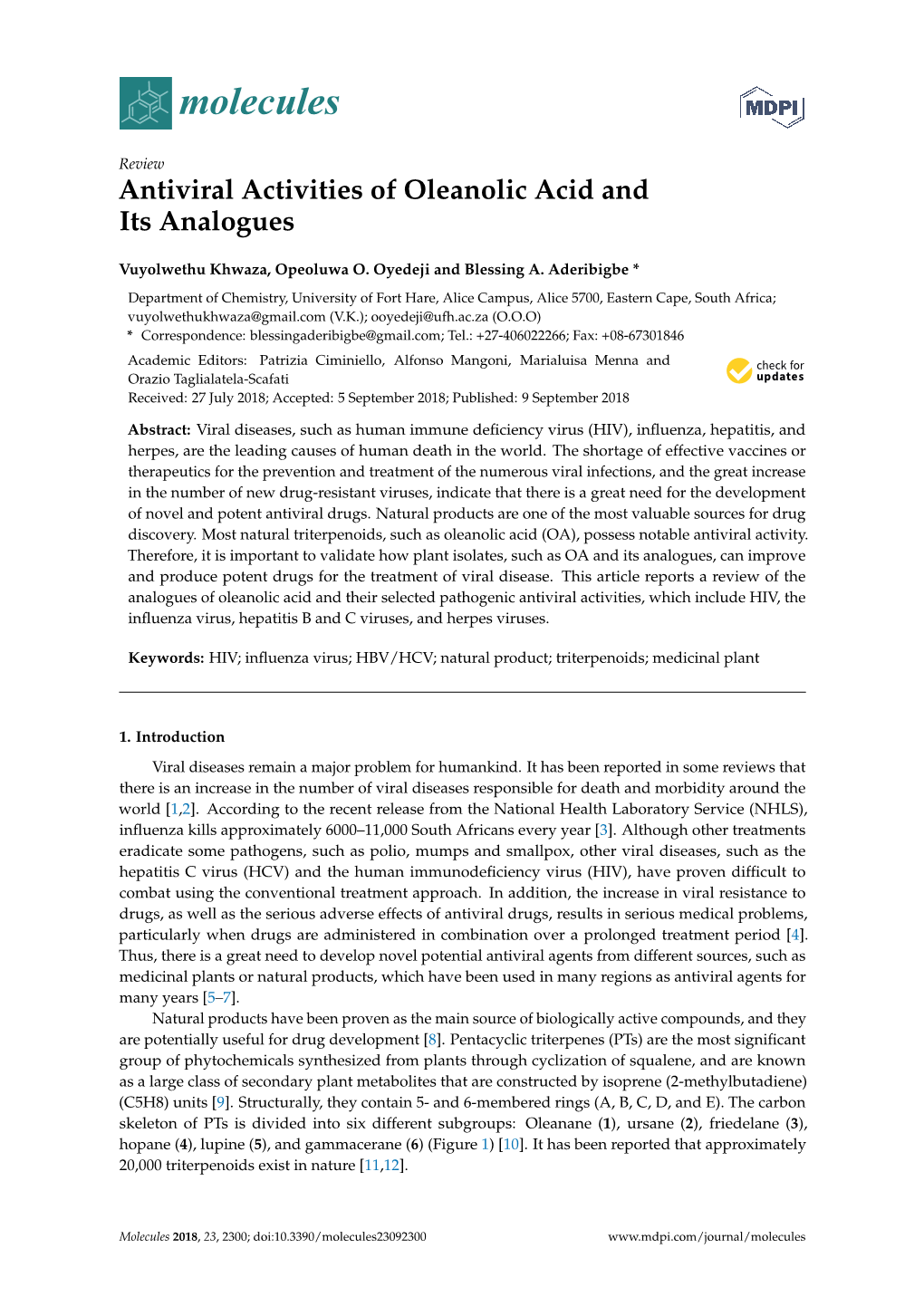 Antiviral Activities of Oleanolic Acid and Its Analogues