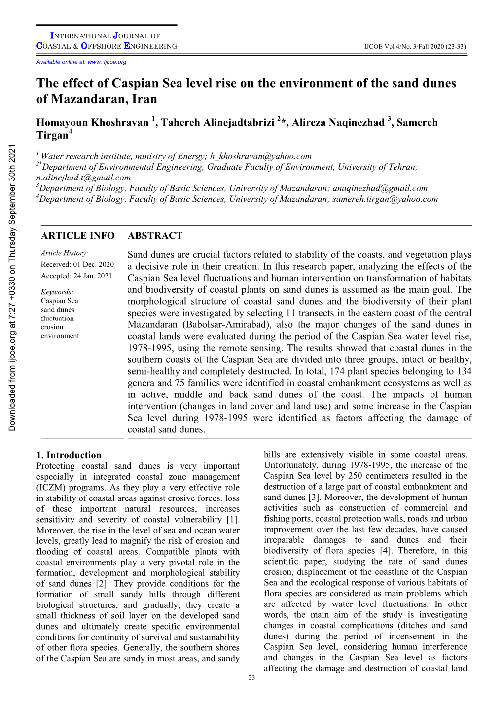 The Effect of Caspian Sea Level Rise on the Environment of the Sand Dunes of Mazandaran, Iran