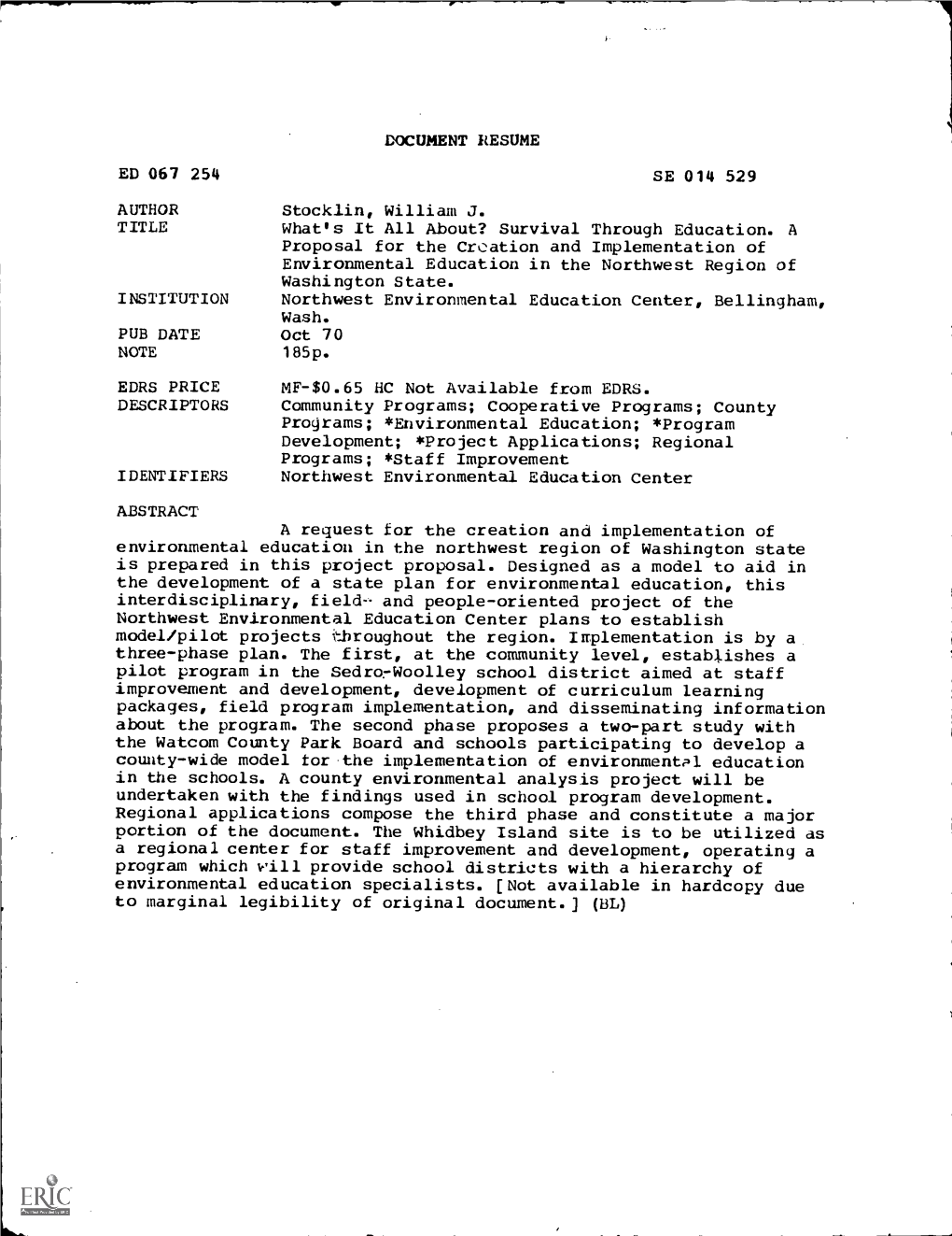 DOCUMENT RESUME ED 067 254 SE 014 529 AUTHOR Stocklin