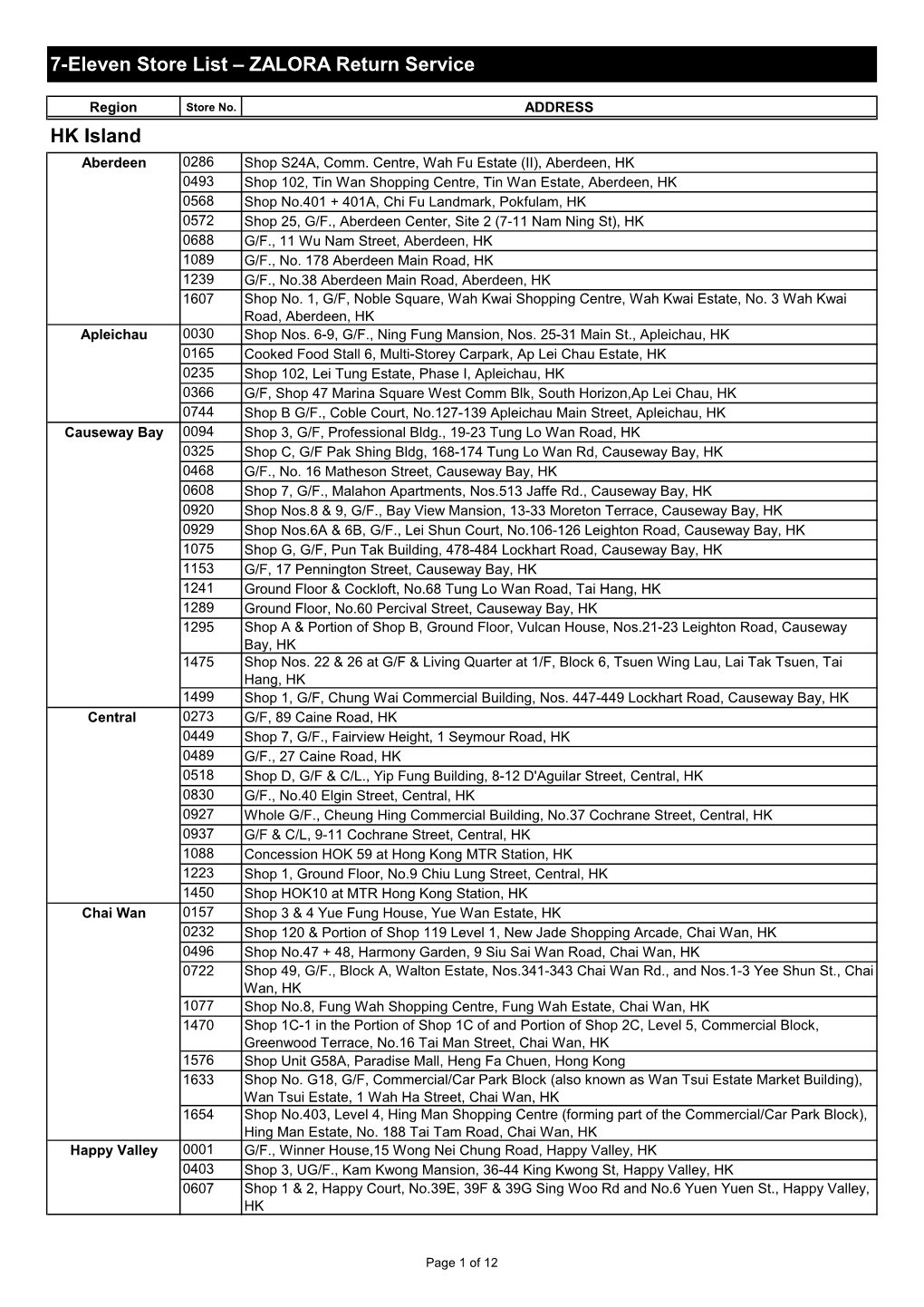 7-Eleven Store List – ZALORA Return Service HK Island