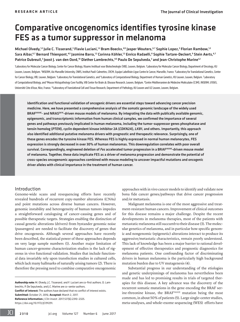 Comparative Oncogenomics Identifies Tyrosine Kinase FES As a Tumor Suppressor in Melanoma