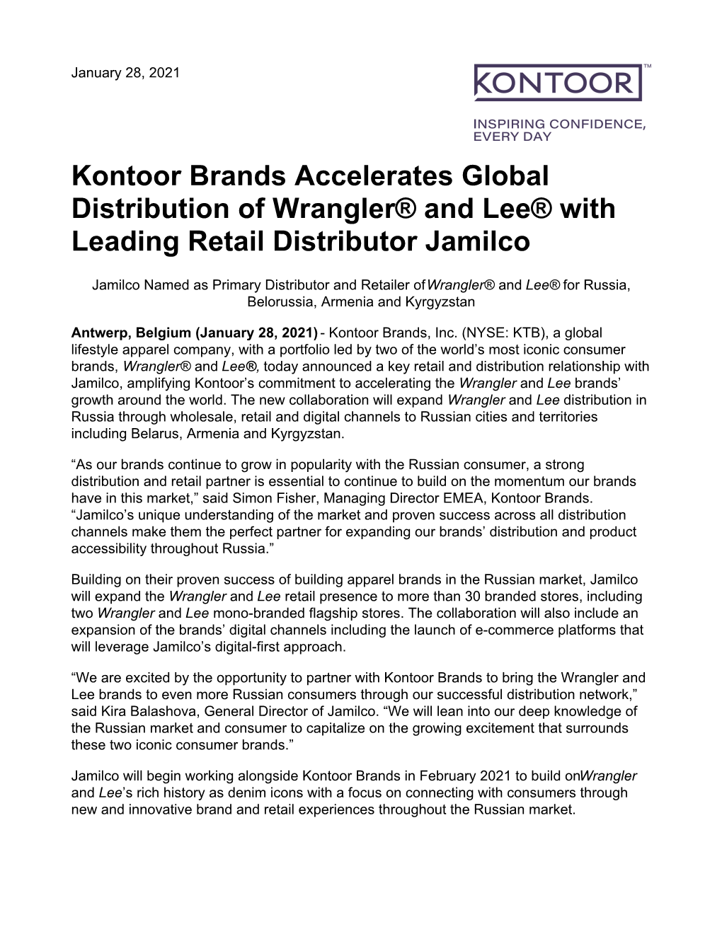 Kontoor Brands Accelerates Global Distribution of Wrangler® and Lee® with Leading Retail Distributor Jamilco