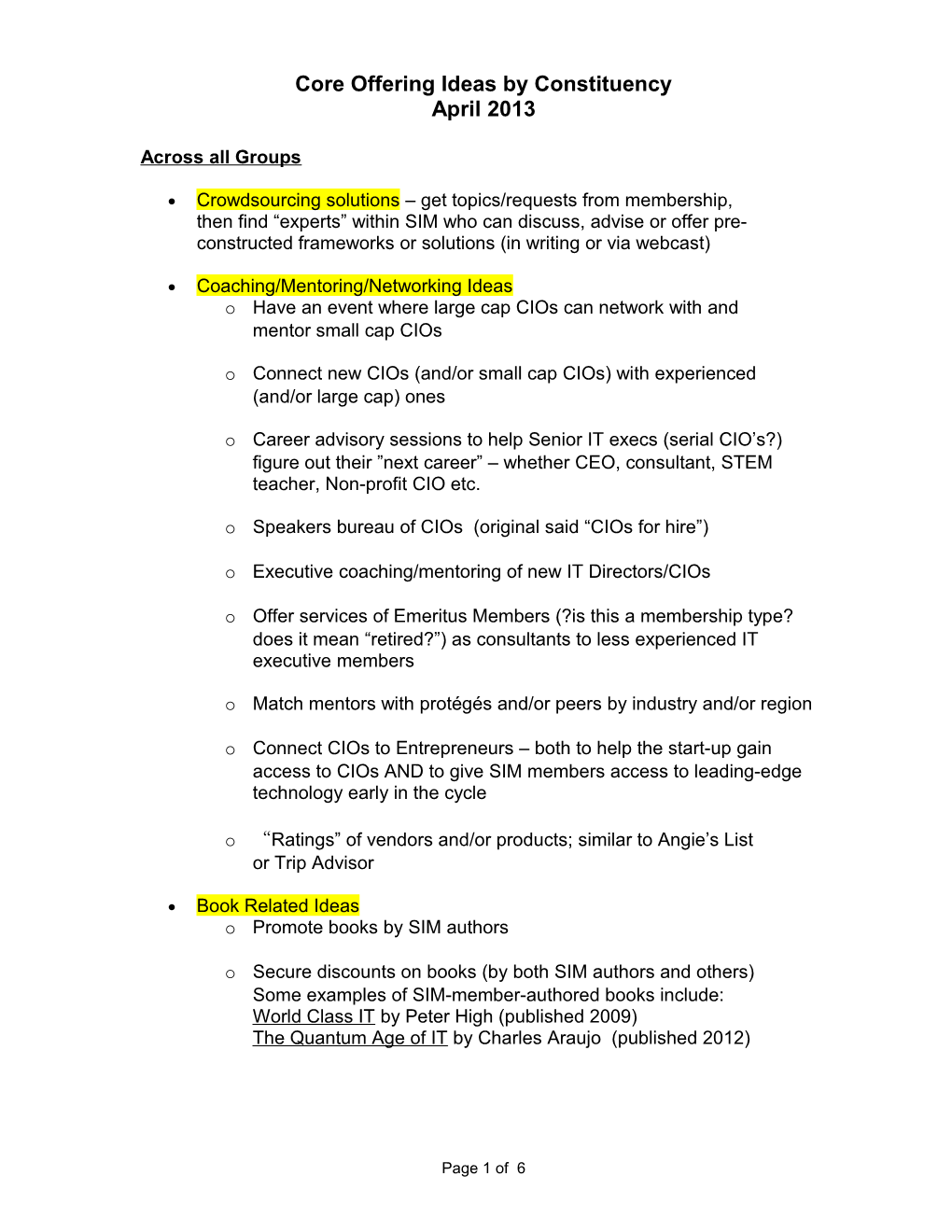 Core Offering Ideas by Constituency