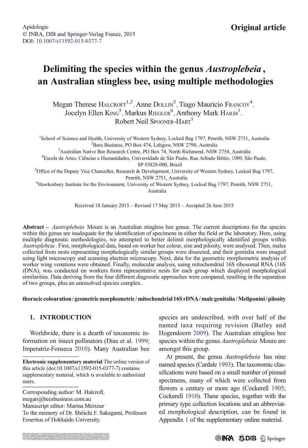 Halcroft Etal 2015 Delimiting the Species of Austroplebeia