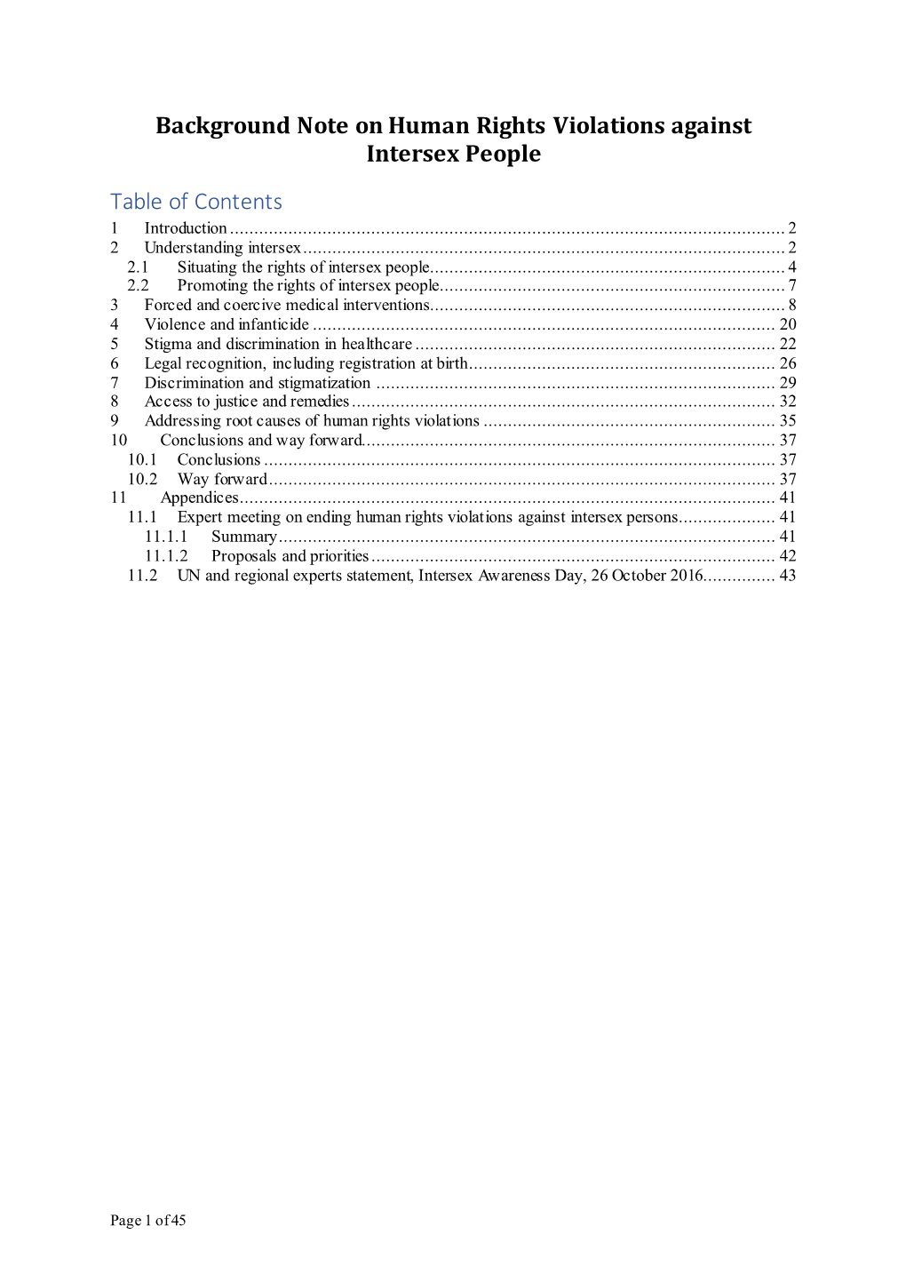 Background Note on Human Rights Violations Against Intersex People Table of Contents 1 Introduction