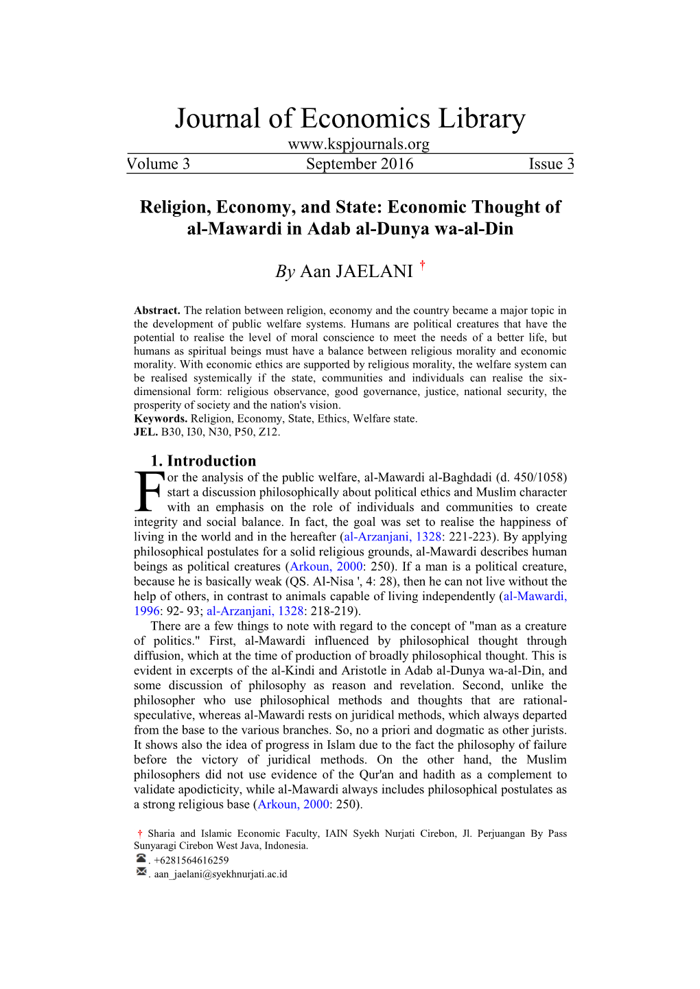 Religion, Economy, and State: Economic Thought of Al-Mawardi in Adab Al-Dunya Wa-Al-Din by Aan JAELANI