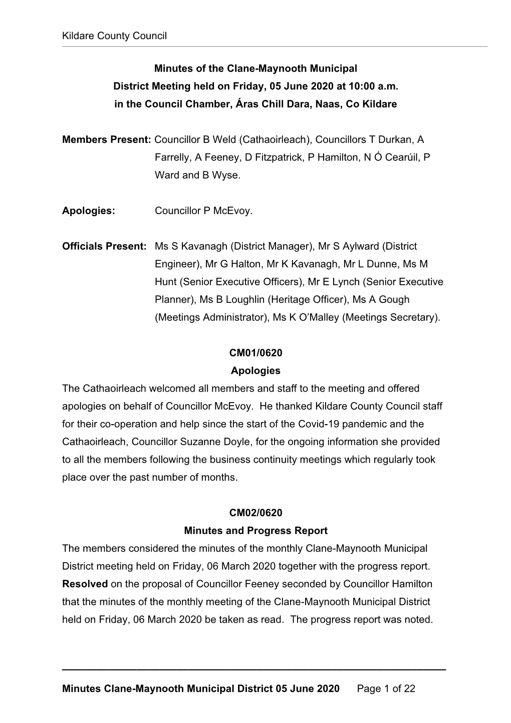 Minutes Clane-Maynooth Municipal District 05 June 2020 Page 1 of 22 Kildare County Council