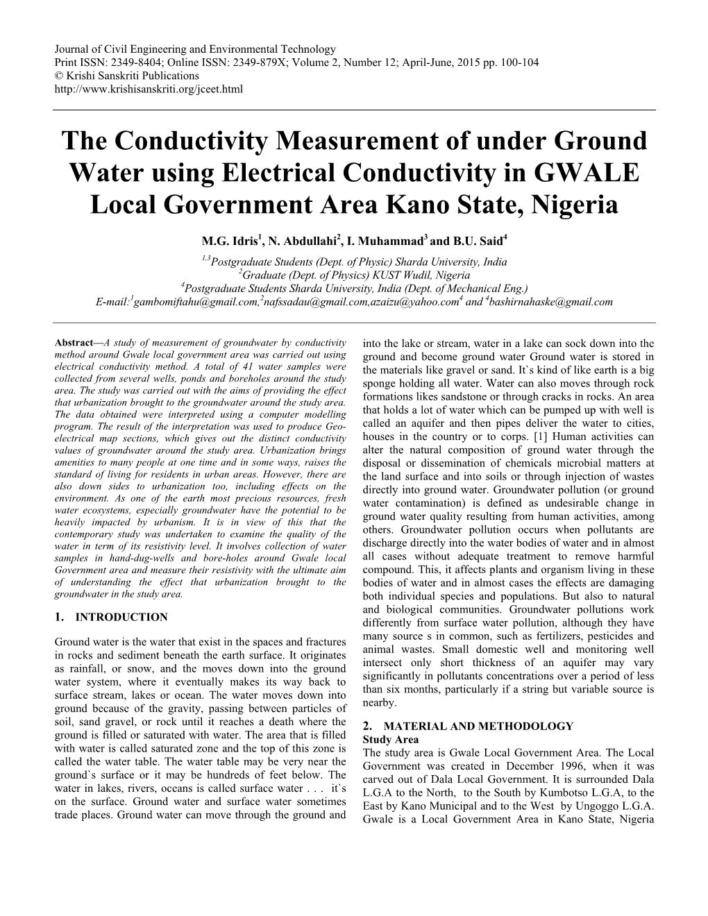 The Conductivity Measurement of Under Ground Water Using Electrical Conductivity in GWALE Local Government Area Kano State, Nigeria