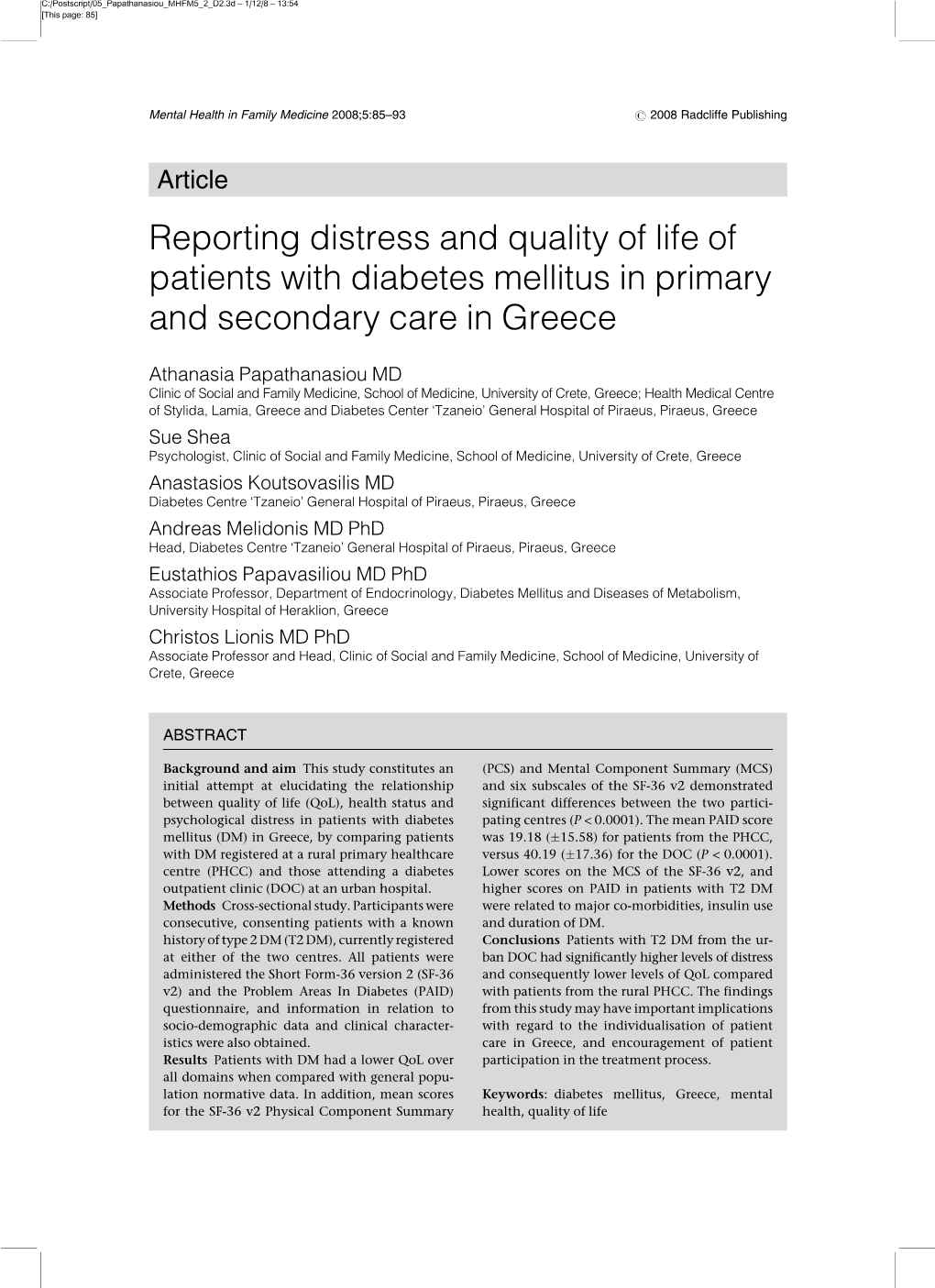 Article Reporting Distress and Quality of Life of Patients with Diabetes Mellitus in Primary and Secondary Care in Greece