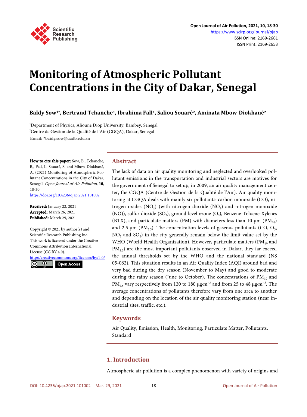 Monitoring of Atmospheric Pollutant Concentrations in the City of Dakar, Senegal