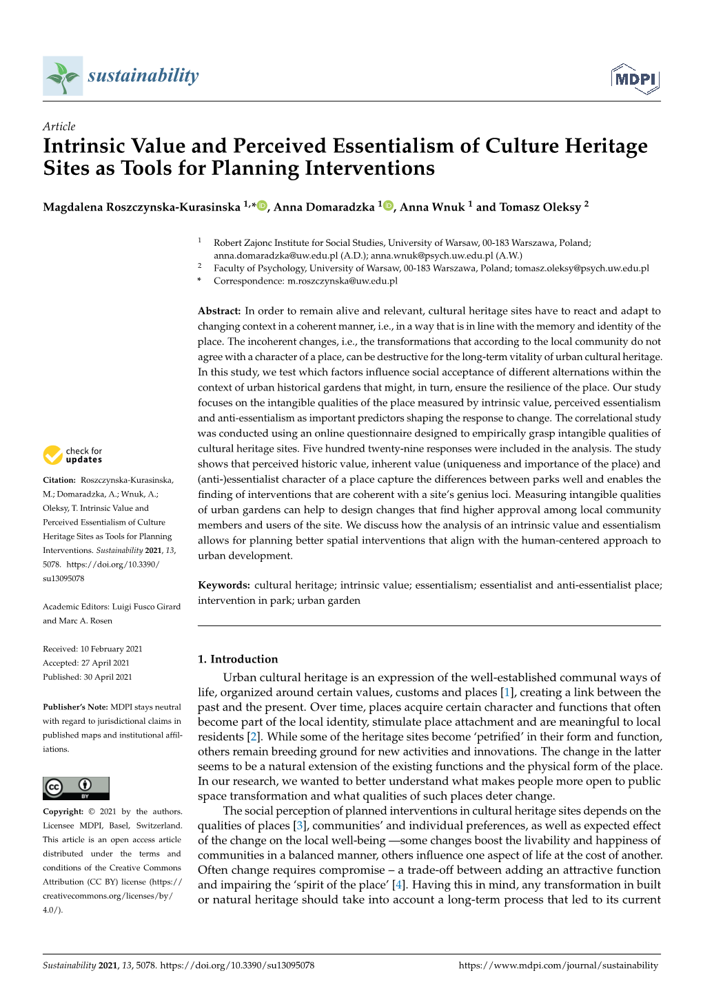 Intrinsic Value and Perceived Essentialism of Culture Heritage Sites As Tools for Planning Interventions