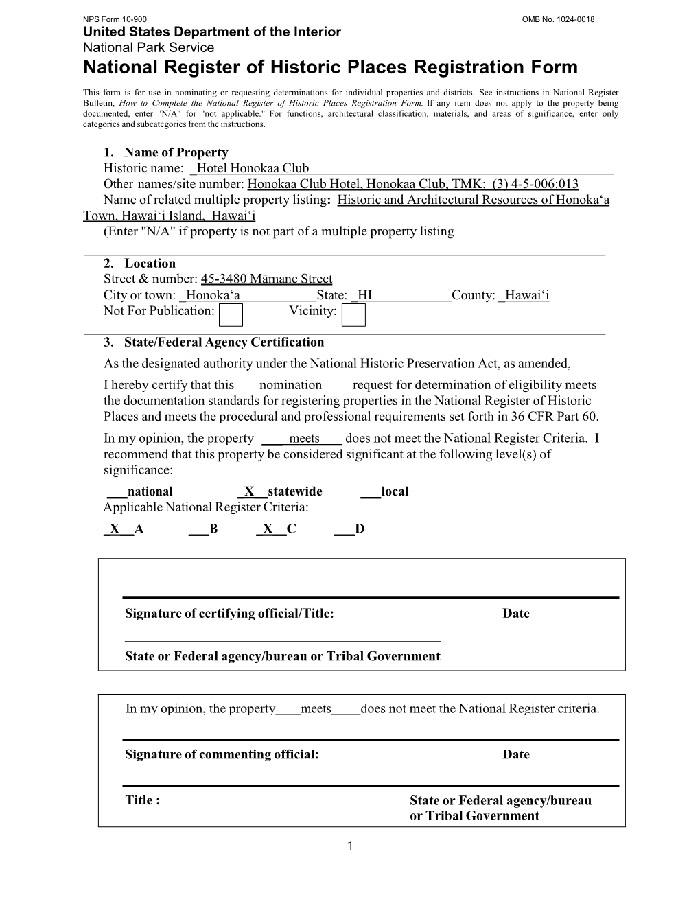 National Register of Historic Places Registration Form This Form Is for Use in Nominating Or Requesting Determinations for Individual Properties and Districts