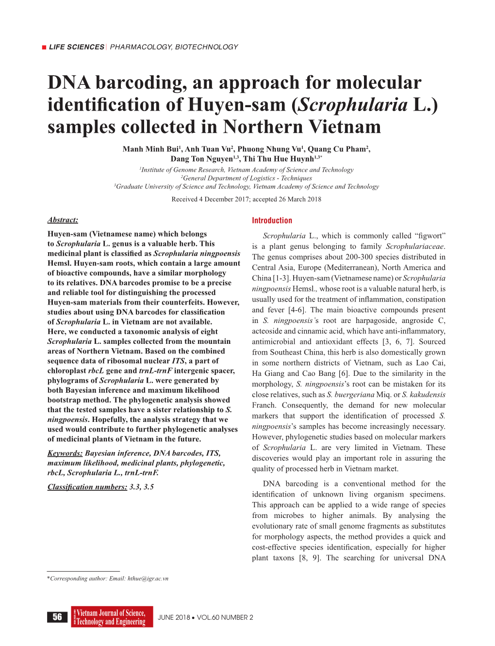 DNA Barcoding, an Approach for Molecular Identification of Huyen-Sam