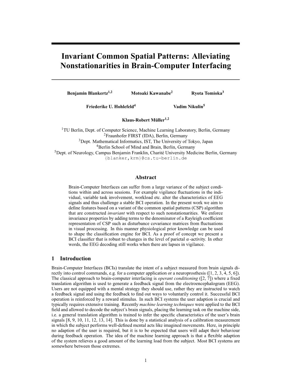 Invariant Common Spatial Patterns: Alleviating Nonstationarities in Brain-Computer Interfacing