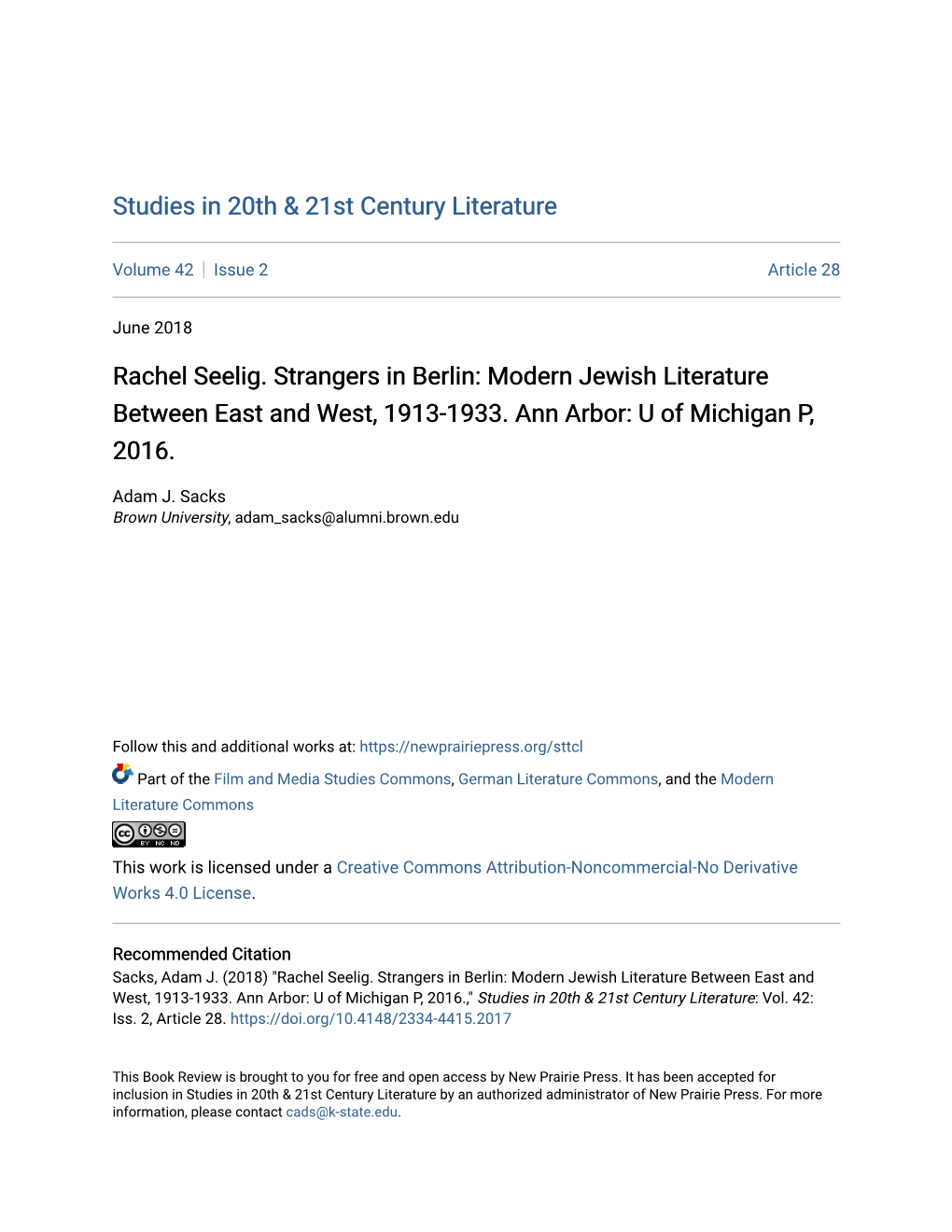 Rachel Seelig. Strangers in Berlin: Modern Jewish Literature Between East and West, 1913-1933