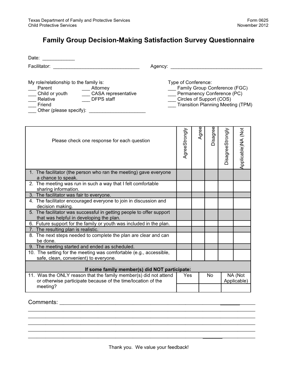 Family Group Decision-Making Satisfaction Survey Questionnaire