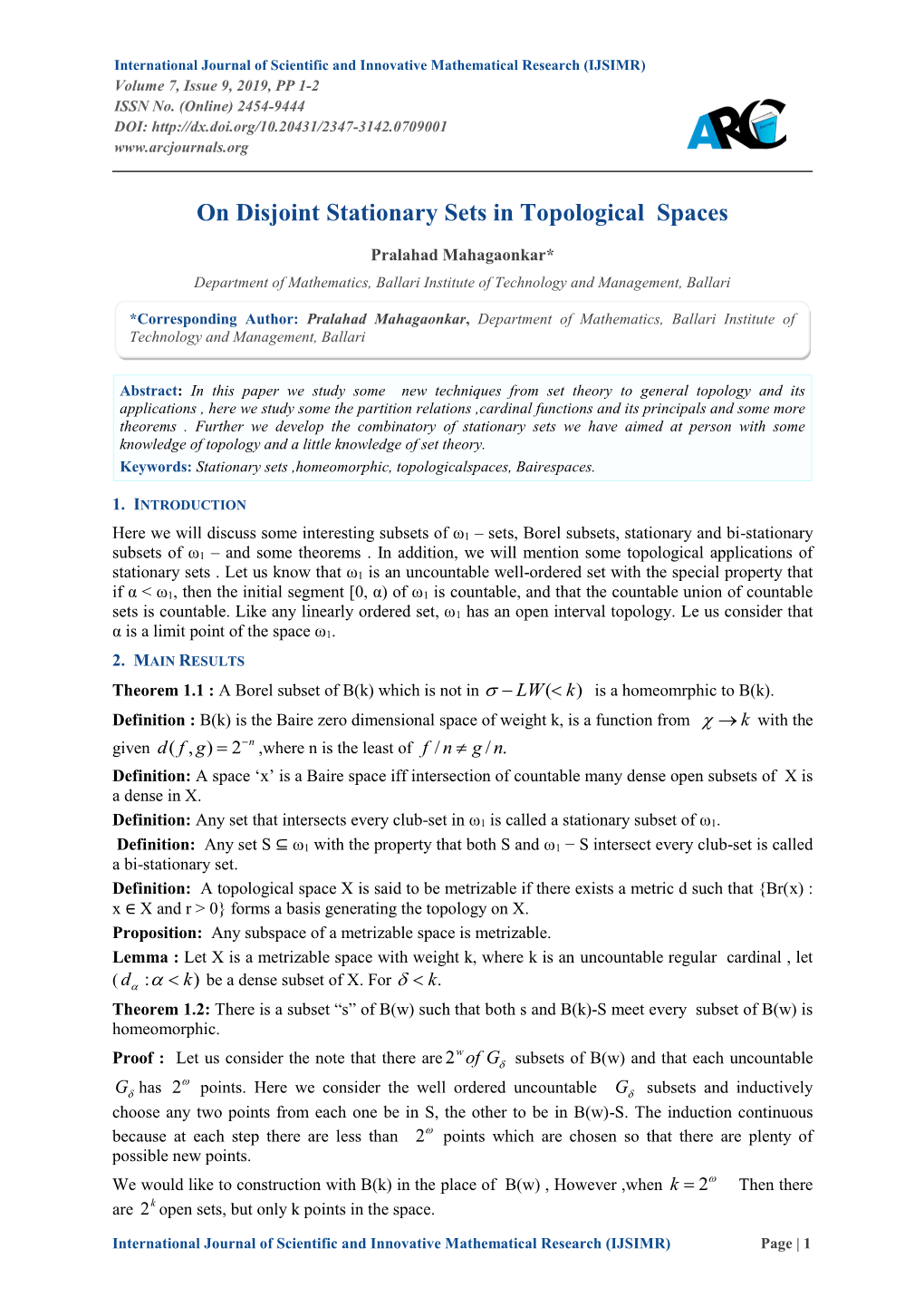 On Disjoint Stationary Sets in Topological Spaces