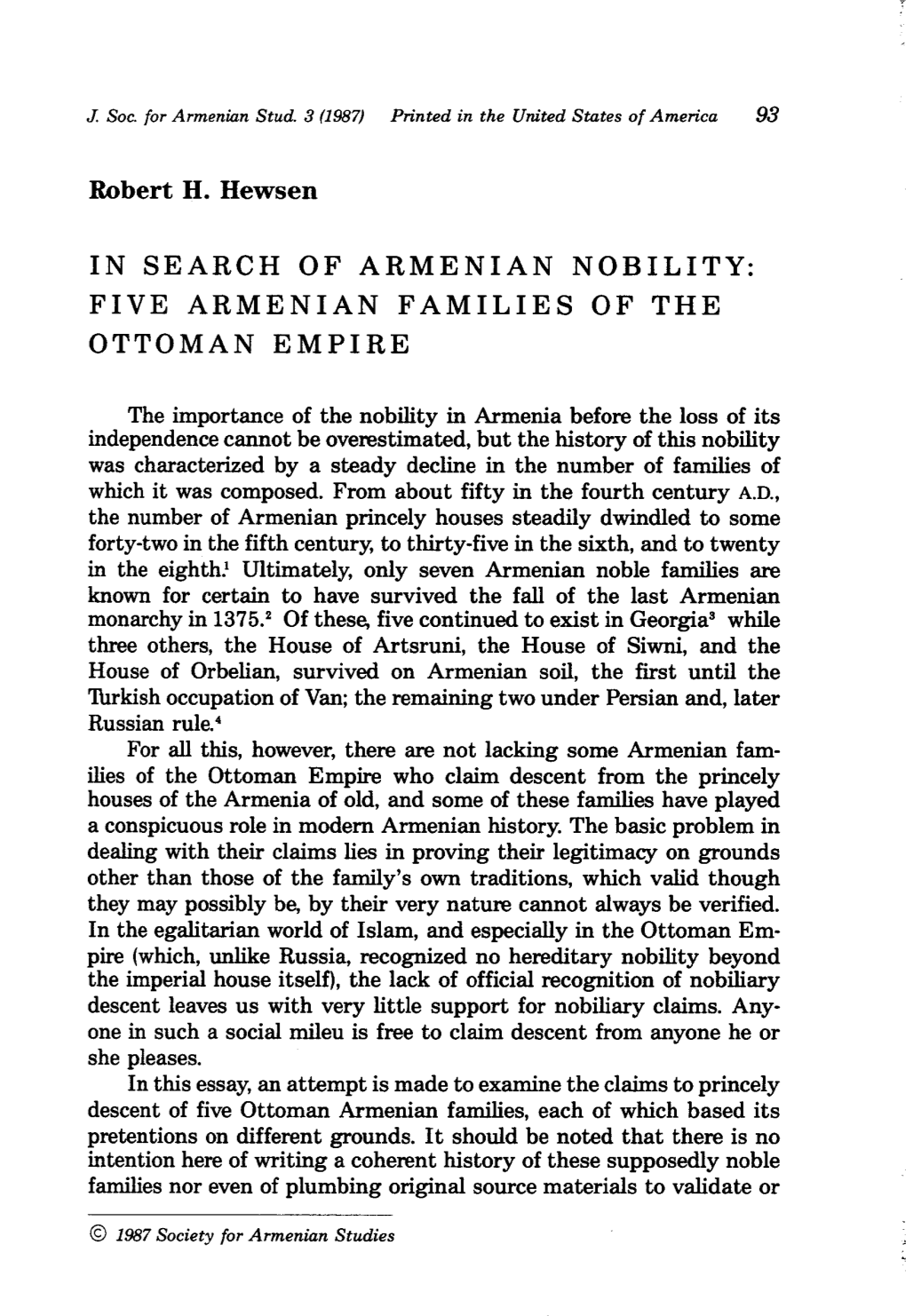 In Search of Armenian Nobility: Five Armenian Families of the Ottoman Empire