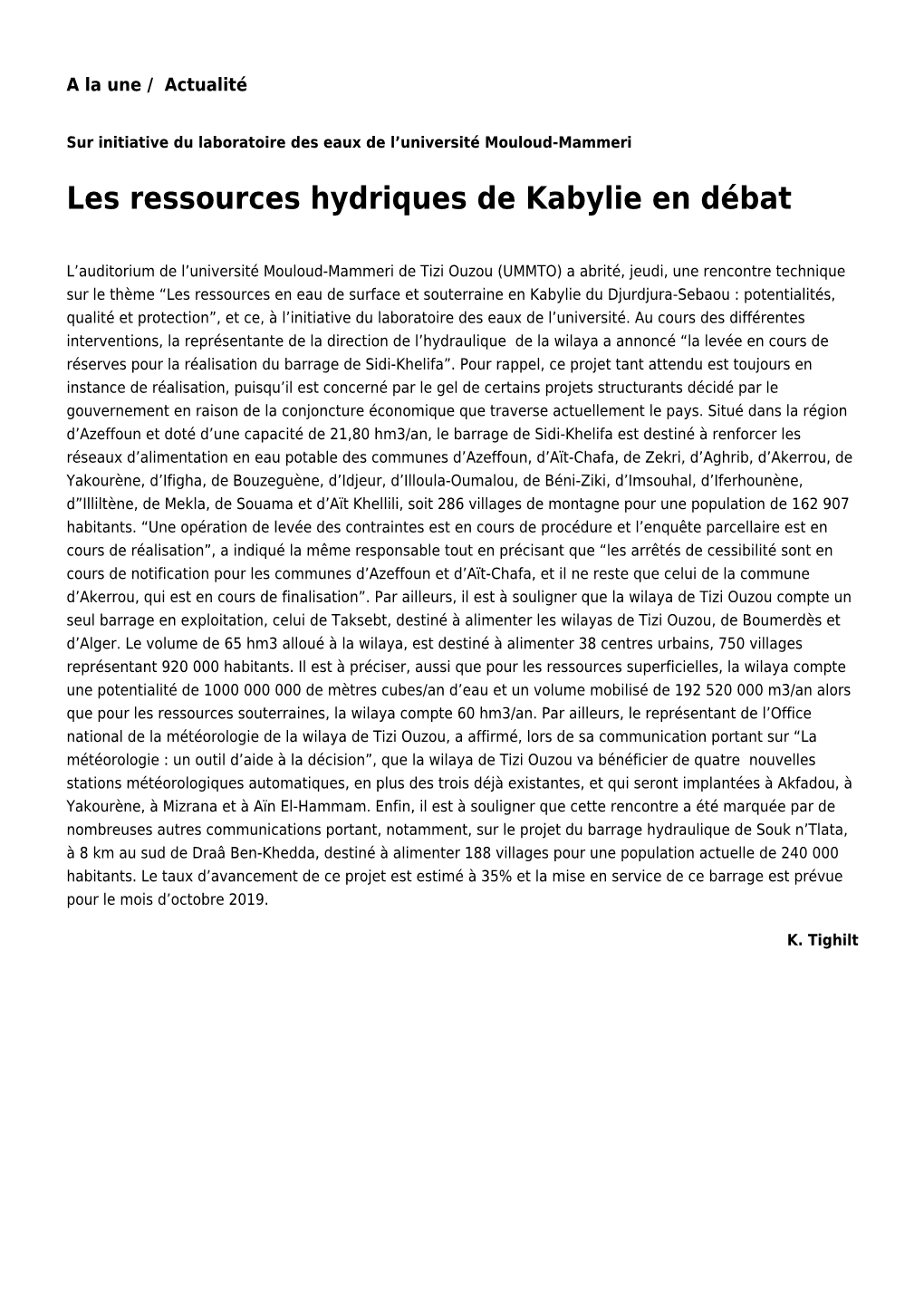 Les Ressources Hydriques De Kabylie En Débat