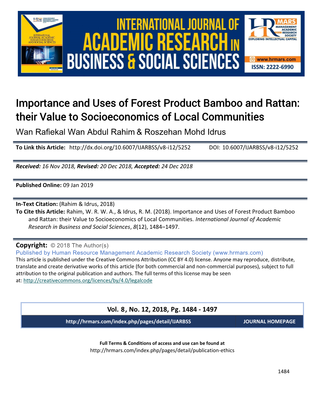 Importance and Uses of Forest Product Bamboo and Rattan: Their Value to Socioeconomics of Local Communities