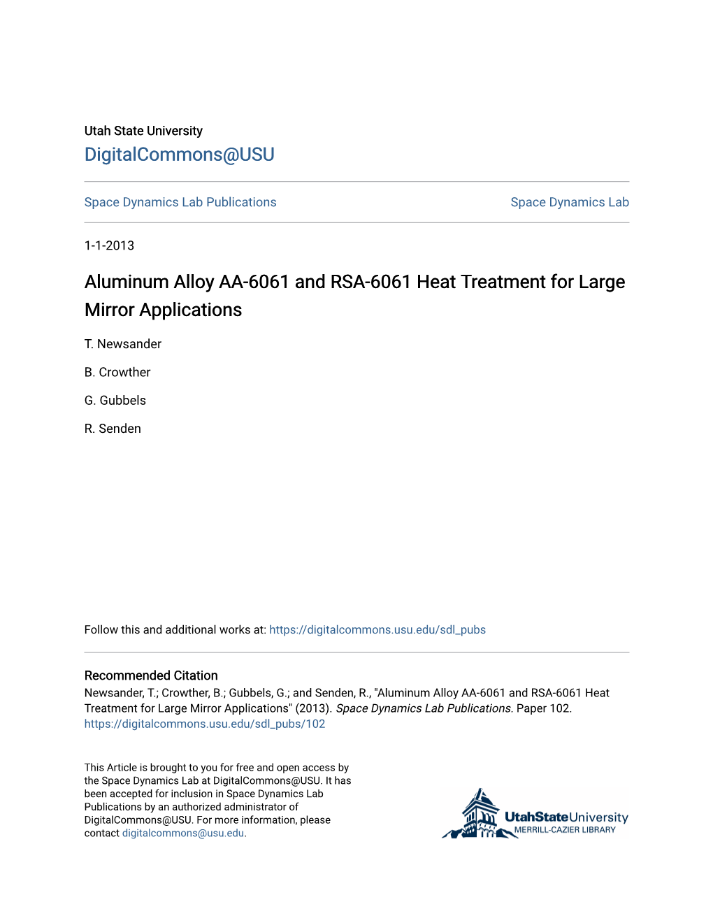 Aluminum Alloy AA-6061 and RSA-6061 Heat Treatment for Large Mirror Applications