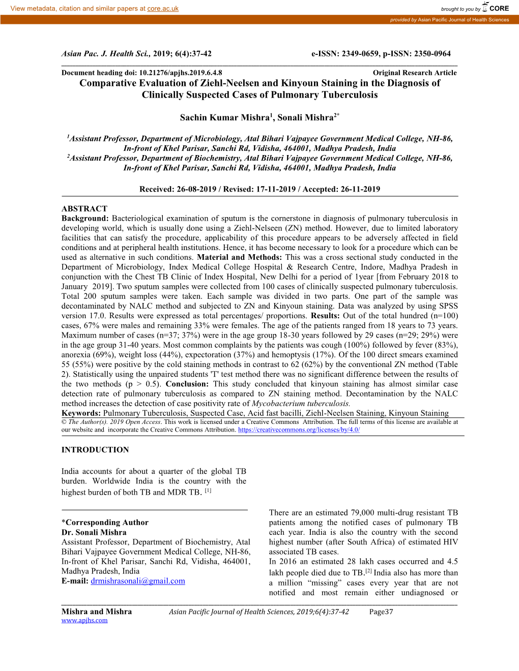 Comparative Evaluation of Ziehl-Neelsen and Kinyoun Staining in the Diagnosis of Clinically Suspected Cases of Pulmonary Tuberculosis