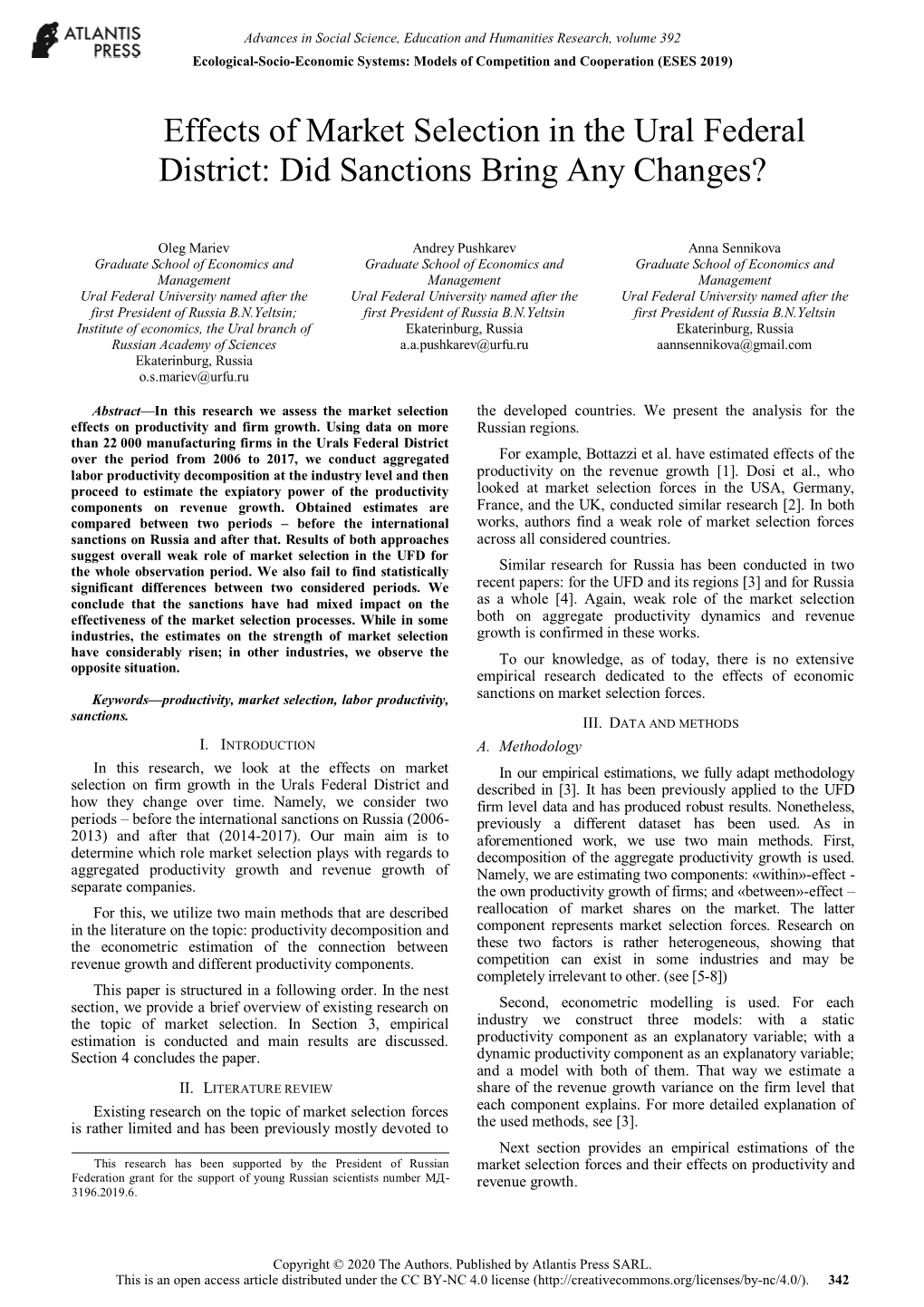 Effects of Market Selection in the Ural Federal District: Did Sanctions Bring Any Changes?