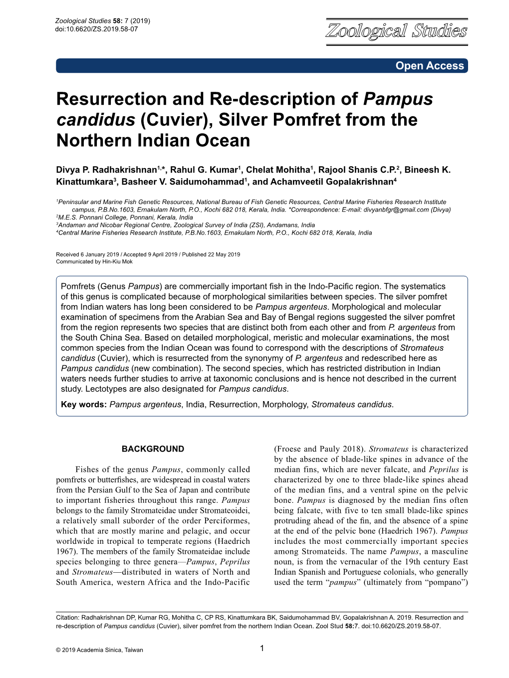 Resurrection and Re-Description of Pampus Candidus (Cuvier), Silver Pomfret from the Northern Indian Ocean