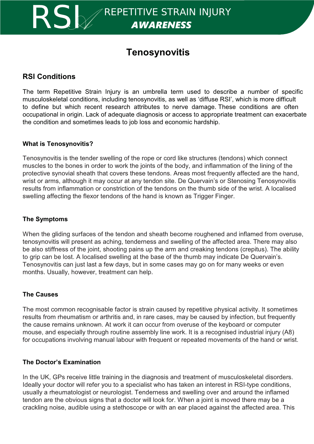 REPETITIVE STRAIN INJURY AWARENESS Tenosynovitis