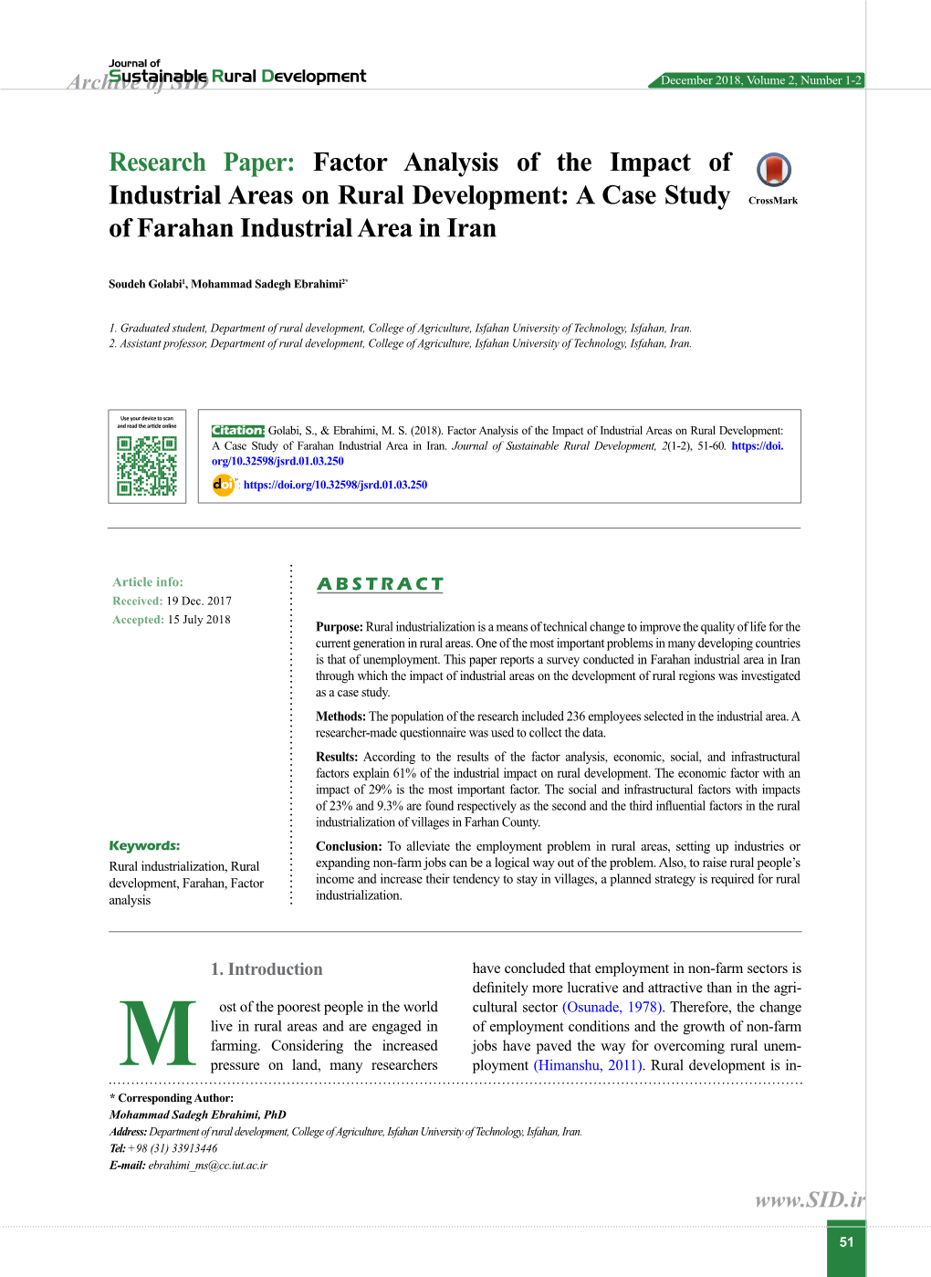 Factor Analysis of the Impact of Industrial Areas on Rural Development: a Case Study Crossmark of Farahan Industrial Area in Iran