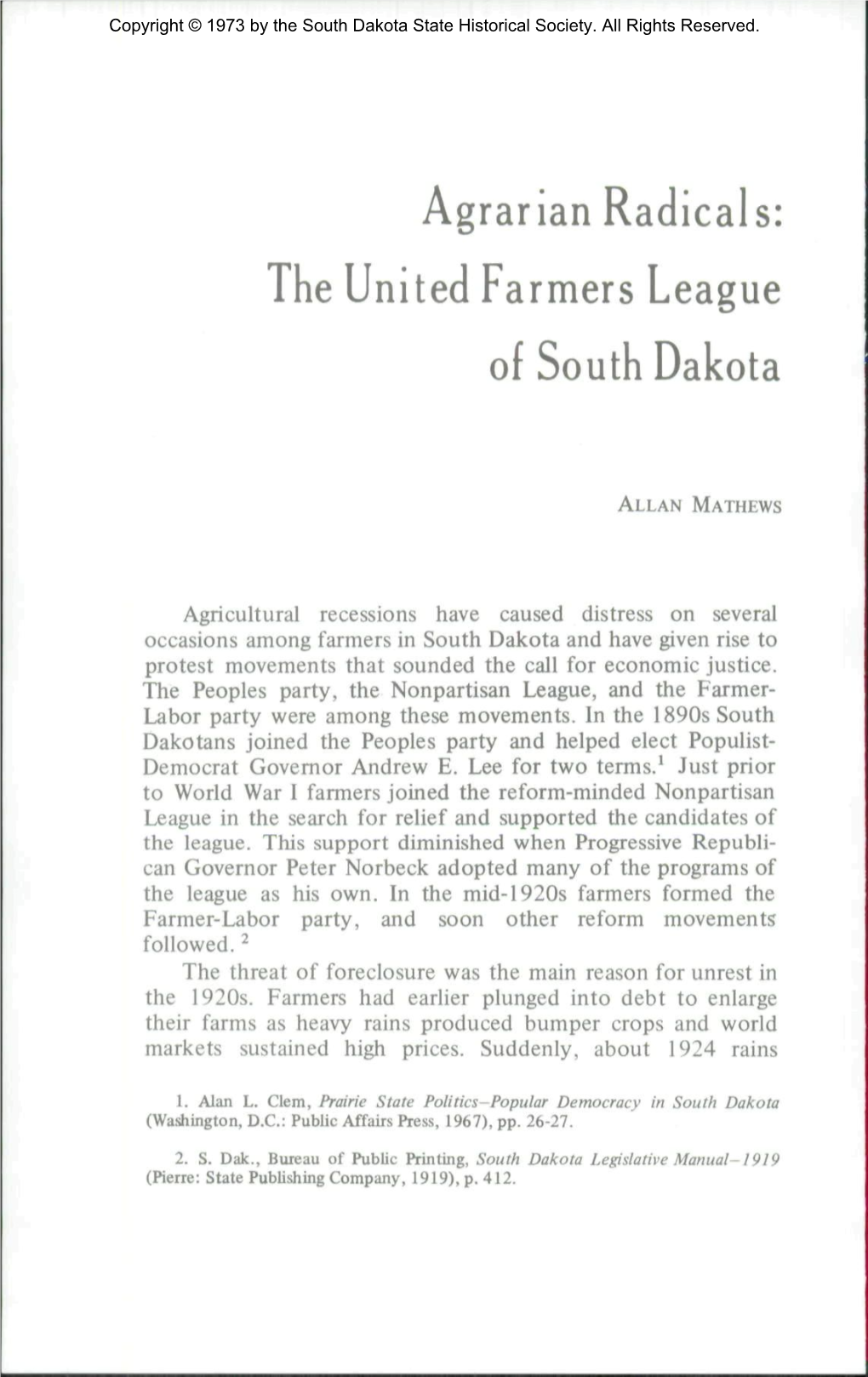 Agrarian Radicals: the United Farmers League of South Dakota