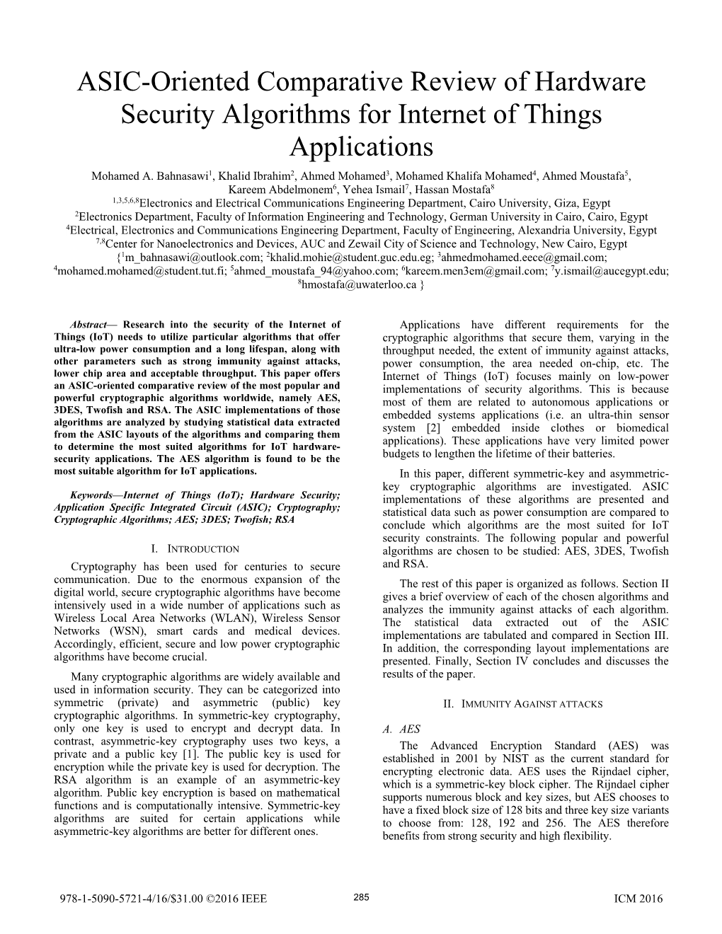 ASIC-Oriented Comparative Review of Hardware Security Algorithms for Internet of Things Applications Mohamed A