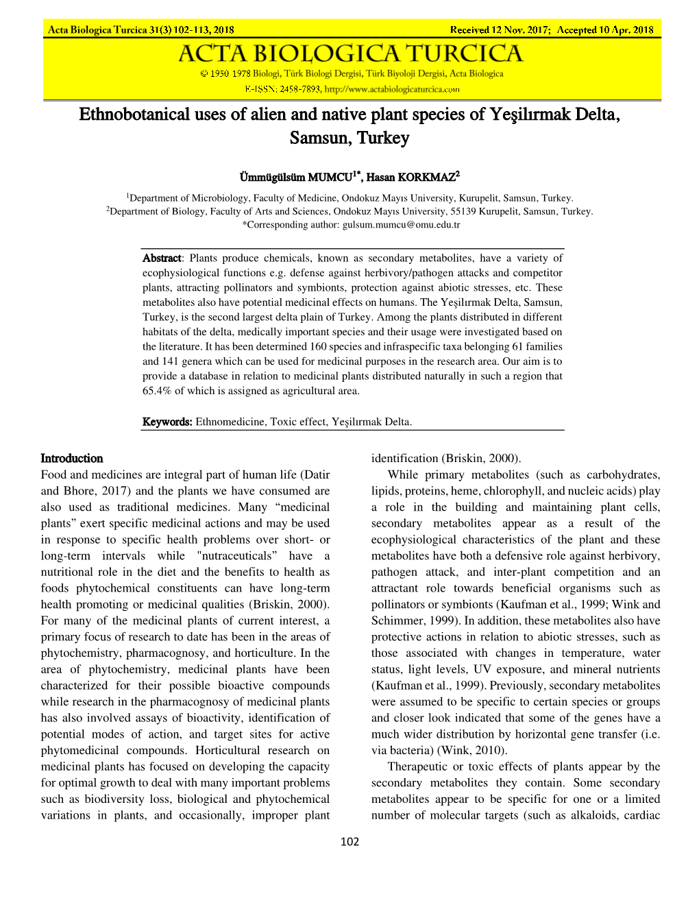 Ethnobotanical Uses of Alien and Native Plant Species of Yeşilırmak Delta, Samsun, Turkey