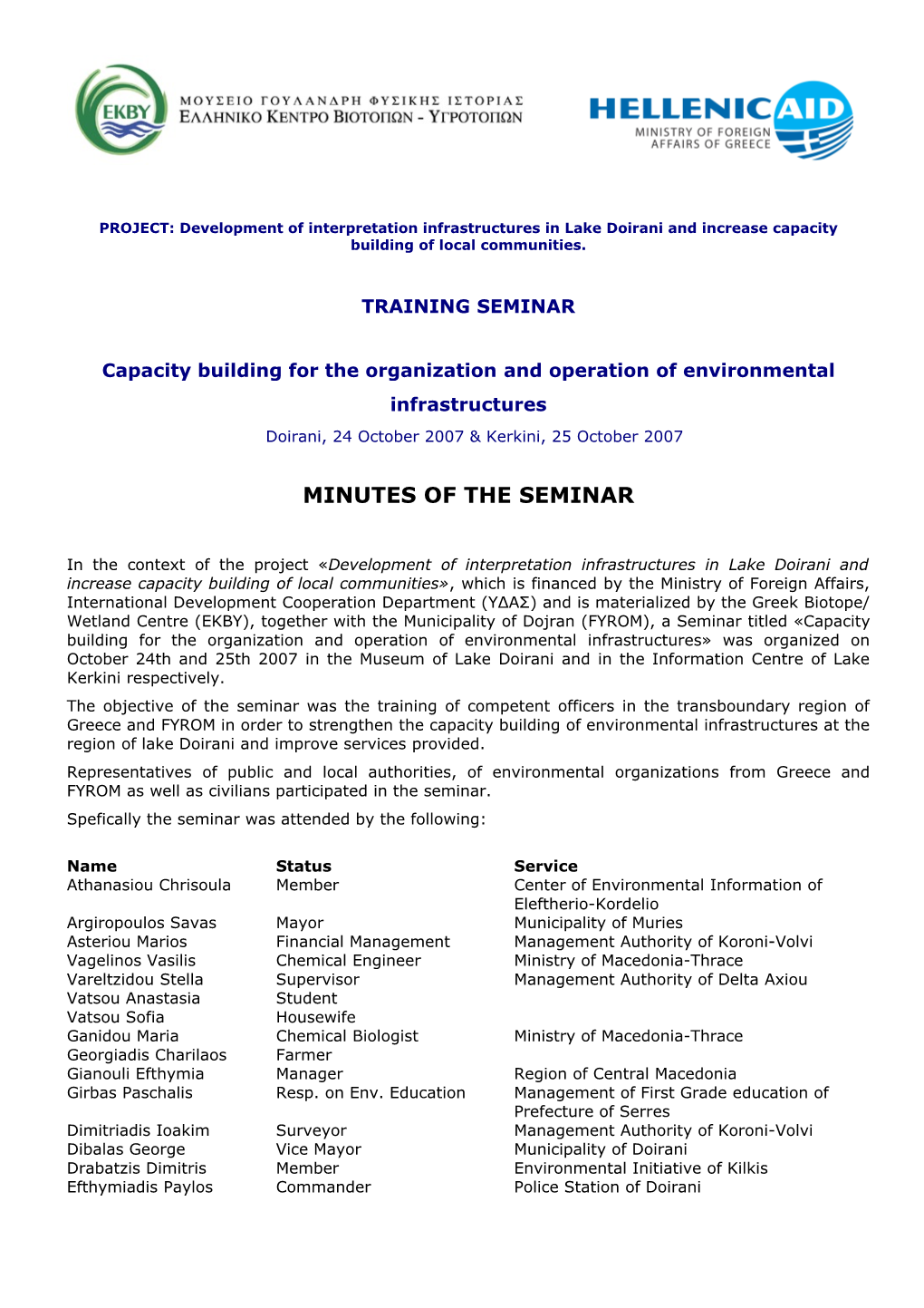 Minutes of the Seminar