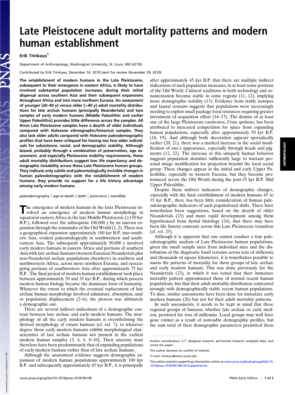 Late Pleistocene Adult Mortality Patterns and Modern Human Establishment