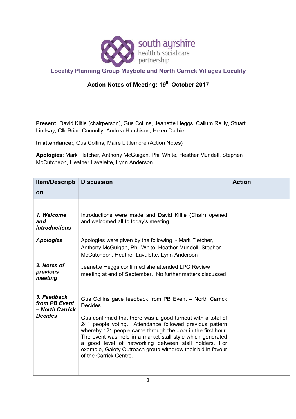 Locality Planning Group Maybole and North Carrick Villages Locality