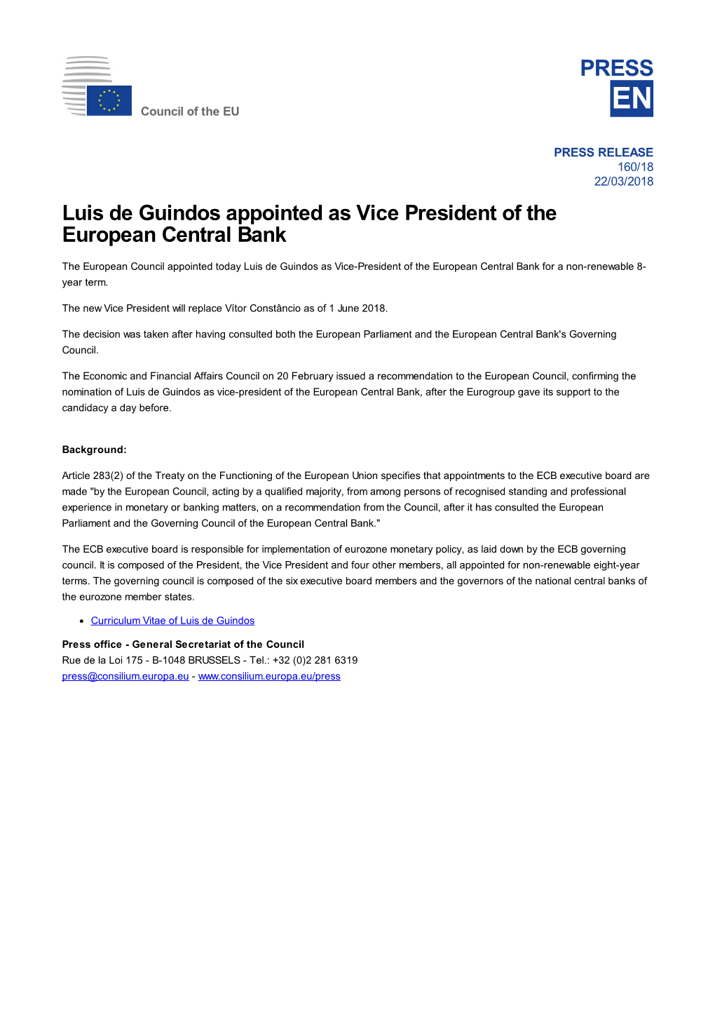 Luis De Guindos Appointed As Vice President of the European Central Bank