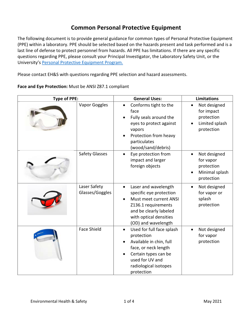 Common Personal Protective Equipment for Laboratories