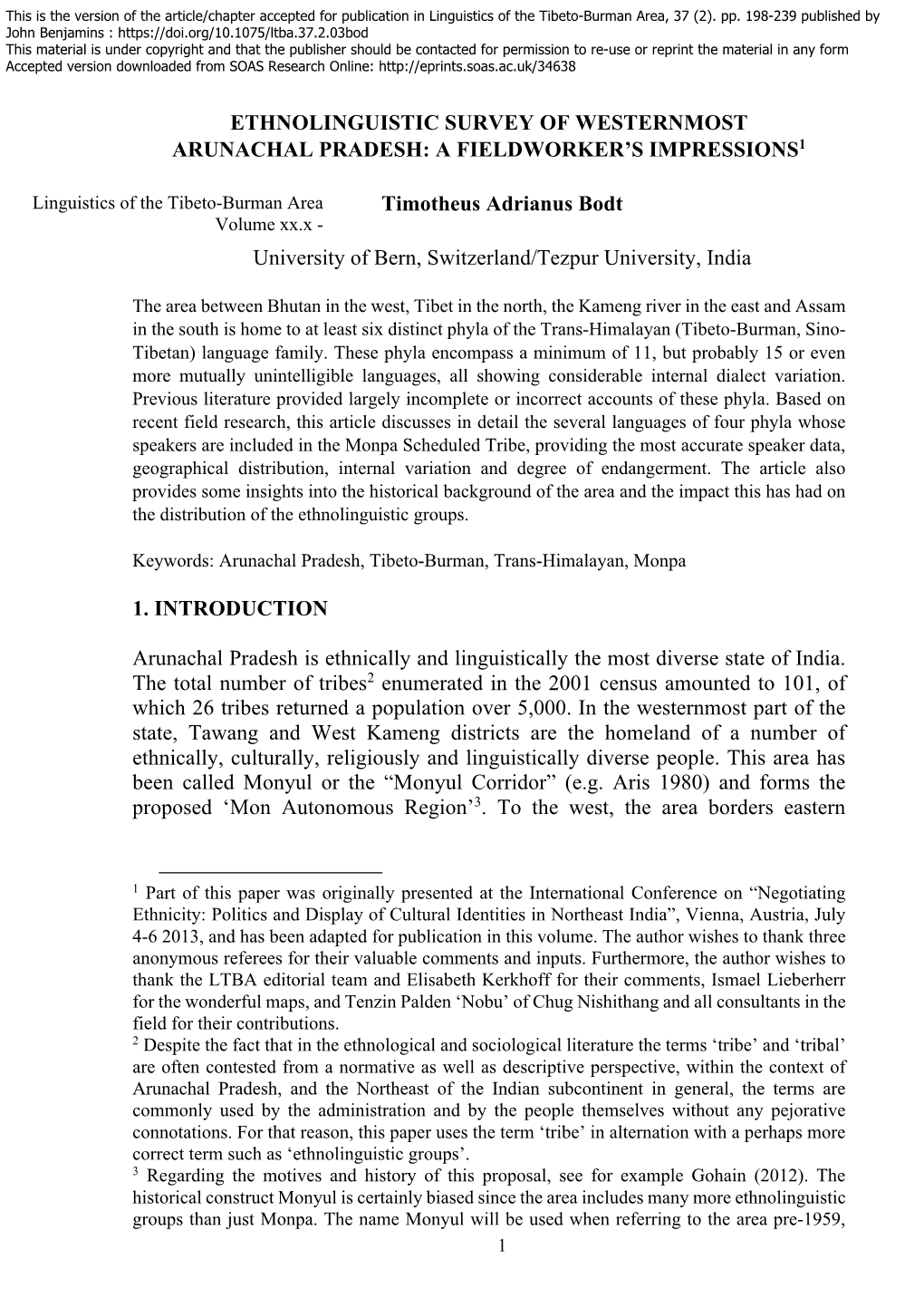 Ethnolinguistic Survey of Westernmost Arunachal Pradesh: a Fieldworker’S Impressions1