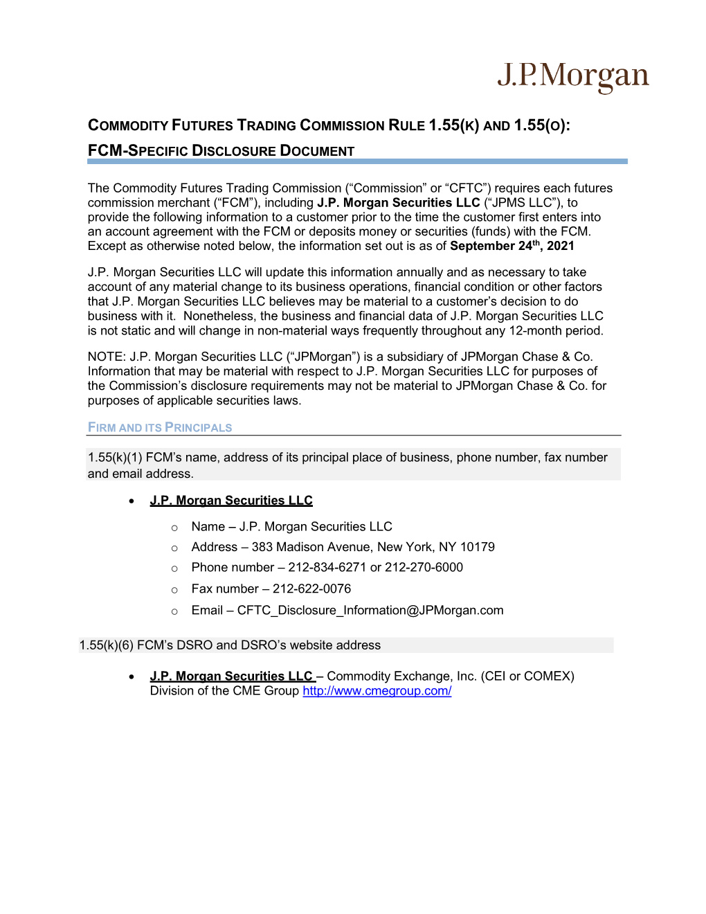 CFTC Rule 1.55(K) and 1.55(O): FCM-Specific Disclosure Document