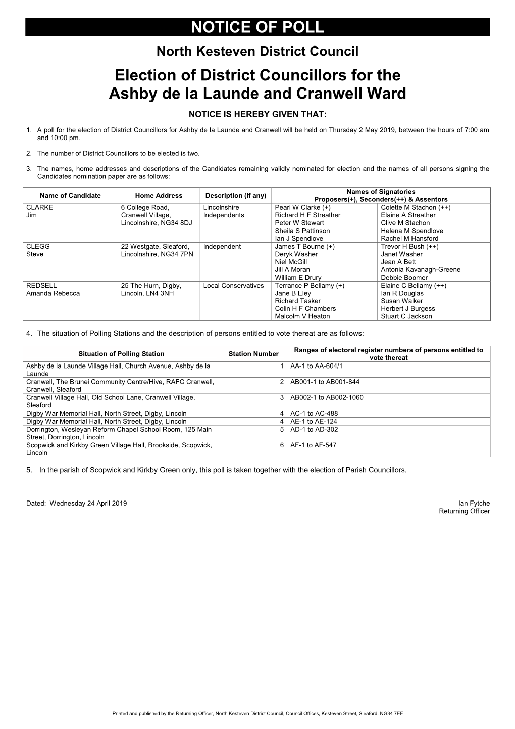 Ashby De La Launde and Cranwell Ward NOTICE IS HEREBY GIVEN THAT