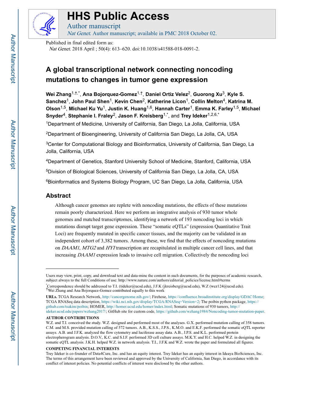 A Global Transcriptional Network Connecting Noncoding Mutations to Changes in Tumor Gene Expression